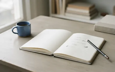 An editor's desk with an open notebook, a pencil and a small blue mug.