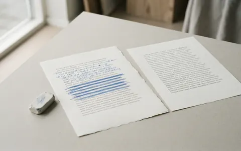 A printed paragraph with lines struck through and rewritten in blue pencil, next to a clean copy and an eraser.