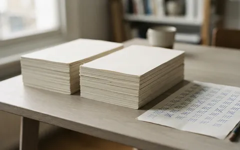 Two stacks of printed pages of equal height beside a tally sheet with blue marks.
