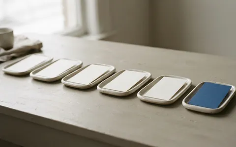 A row of small trays each holding a plain card, the card in the last tray blue.