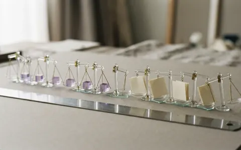 A row of small clear glass scales on grey card, some holding violet cubes and some paper squares, tipped unevenly beside a steel ruler