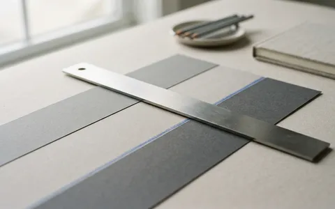 A steel ruler laid across bands of grey paper strips with one boundary marked in blue.