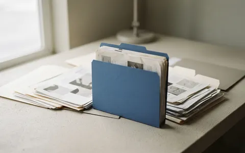 Printed pages sorted into several plain folders, one folder blue.