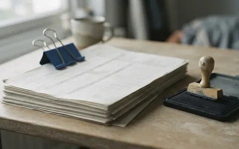 A stack of printed test record sheets held by a blue binder clip, with a rubber stamp and an ink pad beside it.