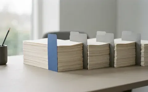 Stacks of printed essays separated by tabbed dividers labelled by writer group, ready to be tested slice by slice.