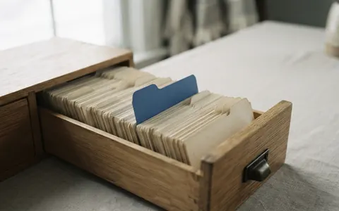An open wooden card index drawer of alphabet divider cards with one blue divider raised.