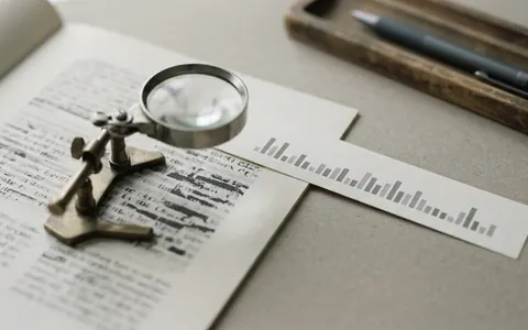 A printed page under a loupe on a stand, beside a paper strip showing a row of small bars of varying height.