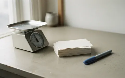 A tidy test bench with blank cards, a small kitchen scale and a blue marker.