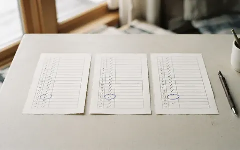 Three identical scoring sheets in a row with matching tick marks, two places circled in blue where they differ.