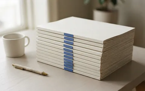 A neat stack of plain magazines with blank covers and small blue index tabs.