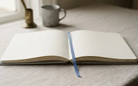 Two open notebooks side by side with a blue ribbon bookmark between them.