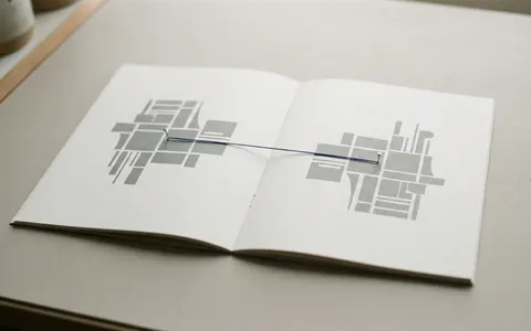 Two printed pages side by side, the second a rearranged version of the first, linked by a blue thread at matching points.