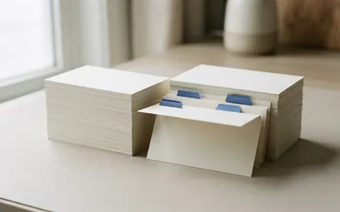 Two stacks of index cards side by side with a few cards pulled out and flagged in blue where they differ.