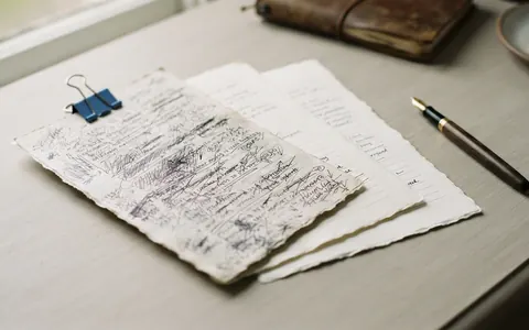 Dated draft pages fanned out in order from heavily marked up to clean, with a fountain pen and a blue clip.