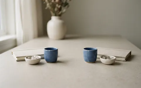 Two identical small sets of objects arranged side by side, each with one blue object.