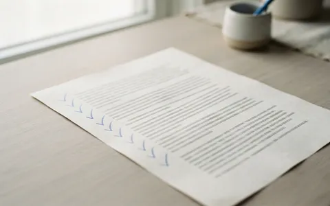 A printed sheet of indented grey lines with review ticks in blue pencil in the margin.