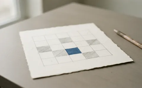 A five by five grid drawn on card with a few cells shaded grey and one shaded blue.