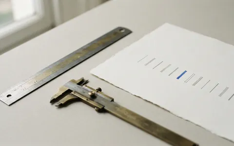 A ruler, a caliper and a sheet of short bar marks with one bar in blue.