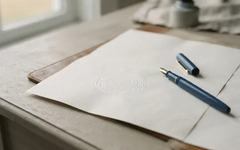 A document with a blank embossed seal and a blue fountain pen.