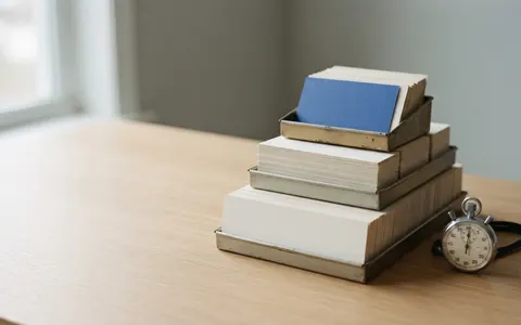 Three stacked trays of index cards forming a low pyramid, one blue card on top, with a stopwatch beside them.