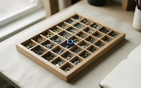 A shallow tray of neatly sorted small metal parts with one blue part.