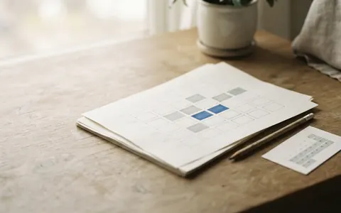 A test plan laid out with a grid of boxes shaded as risk ratings, one in blue, beside a calendar card and a pencil.