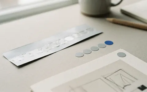 A row of plain stickers peeled from a backing sheet, one blue sticker placed on the corner of a printed page.