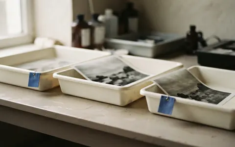 A printed photograph passing along three trays with a small blue tag still attached at the last tray.