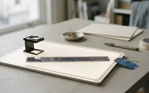 A strip of blank film frames on a glowing light table with a loupe and one blue tag.