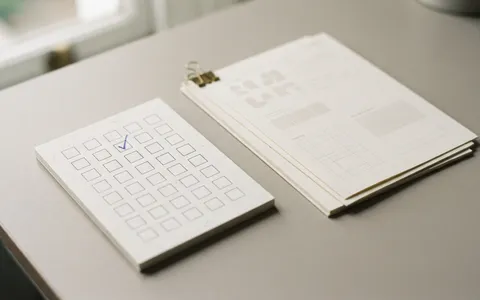 A rubric card with rows of tick boxes next to a few printed pages, one tick in blue.