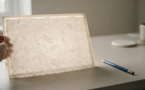A sheet of paper on a light box revealing a faint pattern in the fibres, with a blue pencil beside it.