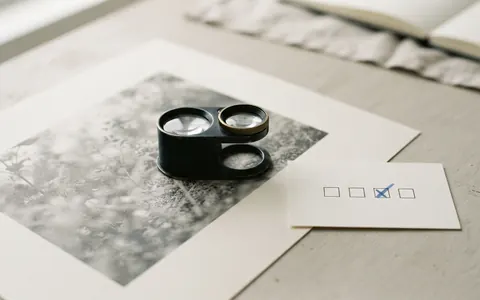 A loupe resting on a printed photograph beside a small checklist card with one box ticked in blue.