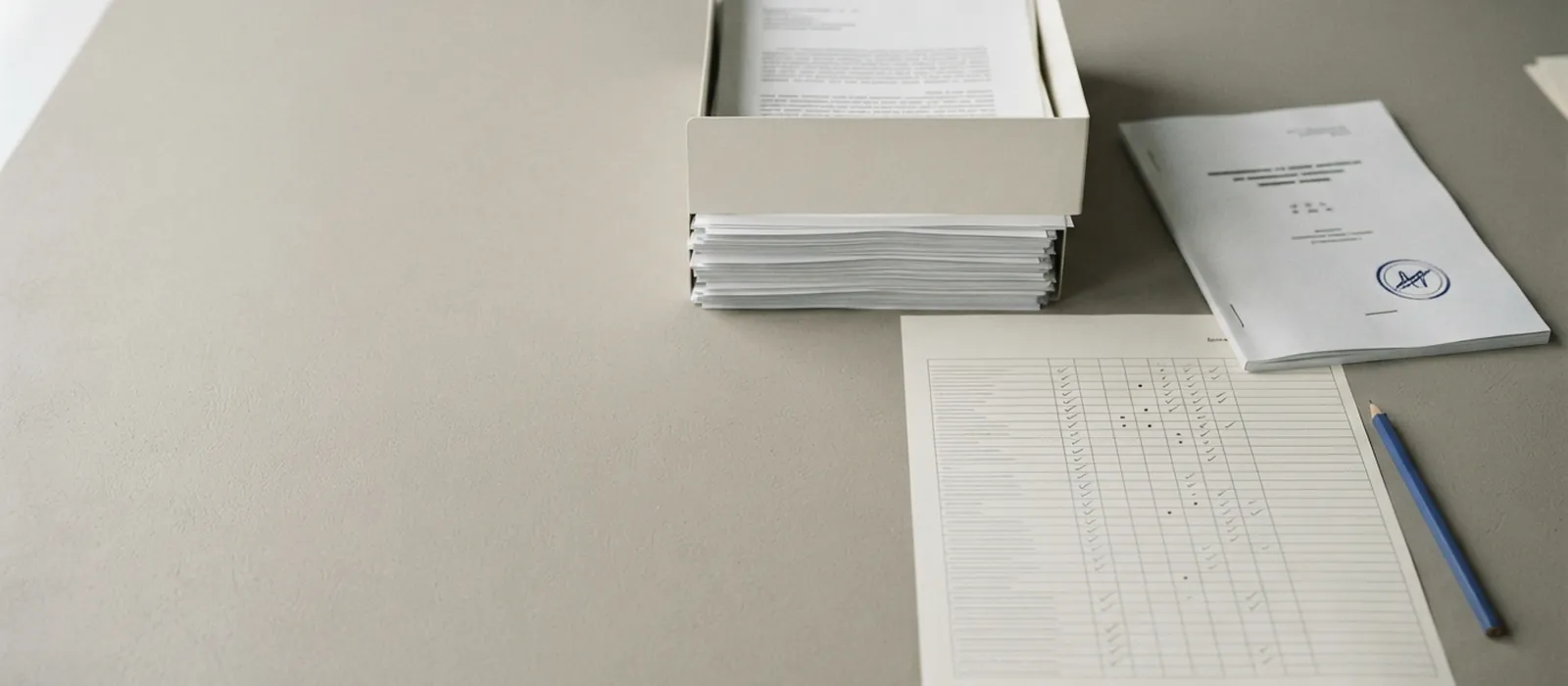 A test bench for text: printed documents boxed and stacked, a ruled score sheet with a blue pencil beside them, and a stamped test report.